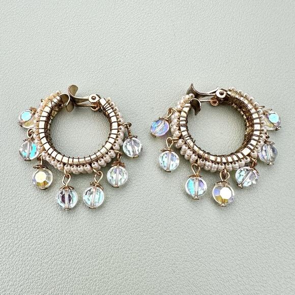 Vintage Miriam Haskell Hoop Earrings Faux Pearls & AB Crystal Drops 1969s Hoops - Picture 5 of 10